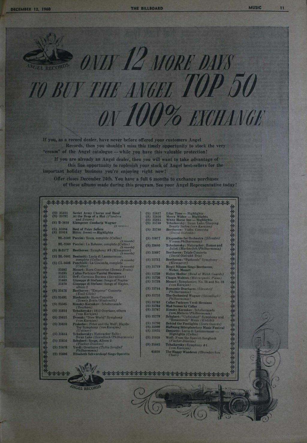 DECEMBER 12, 1960 THE BILLBOARD MUSIC 11 oiwy12 YON ki l ; l i t1/62z TOP 50 av 100% ficff41161 If you, as a record dealer. have never before offered your customers Angel Records.