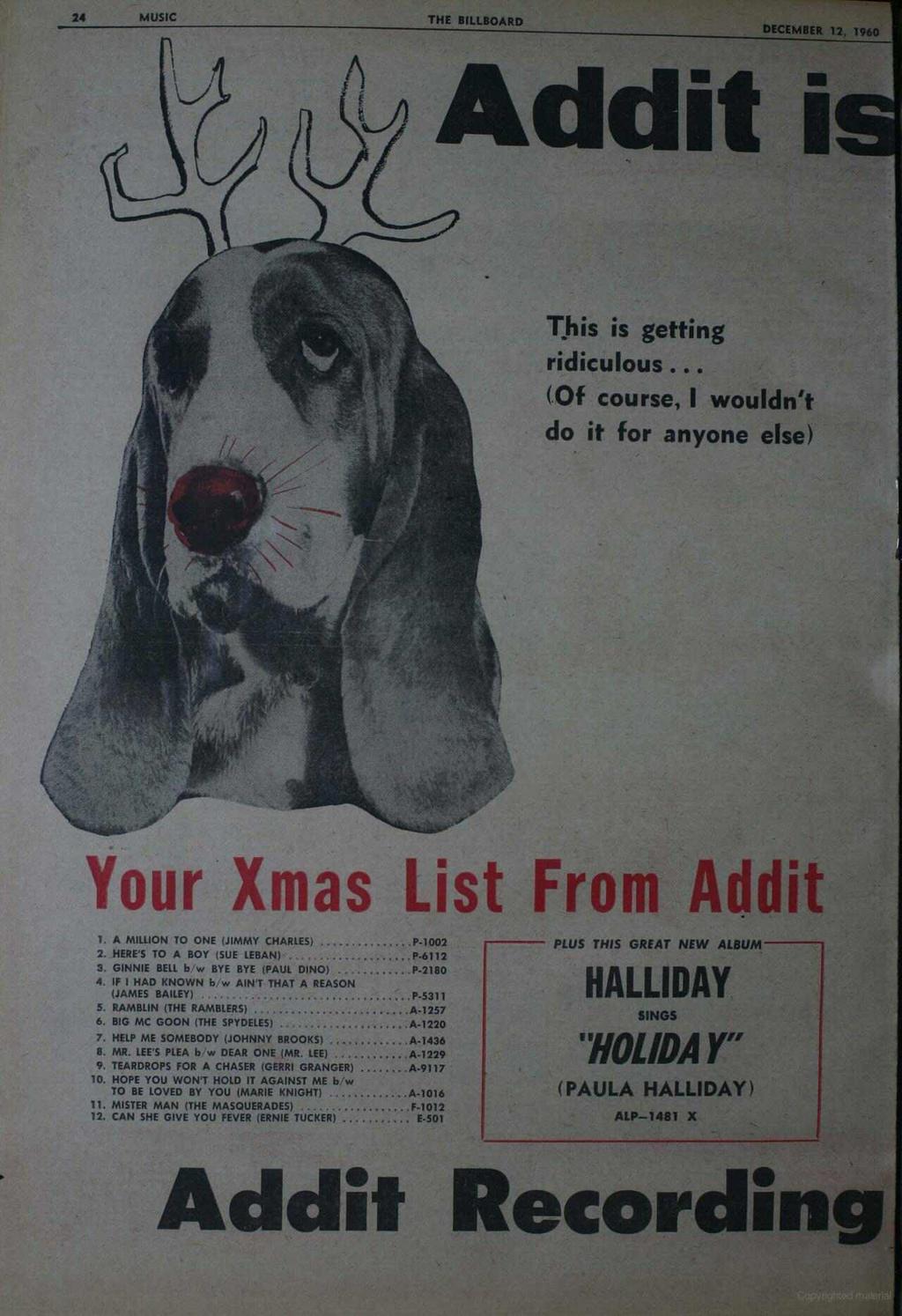 24 MUSIC ti THE BILLBOARD DECEMBER 12, 1960 Addìt This is getting ridiculous... (Of course, I wouldn't do it for anyone else) Your Xmas List From Addit 1. A MILLION TO ONE (JIMMY CHARLES) 2.