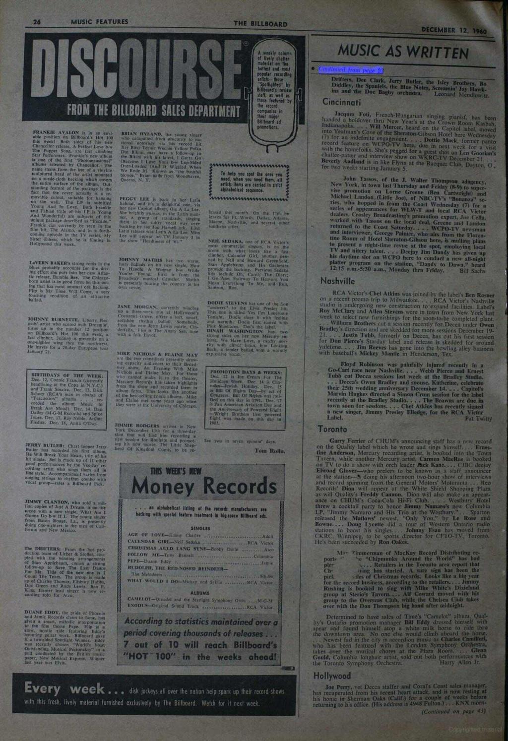 26 MUSIC FEATURES THE BILLBOARD DECEMBER 12, 1960 FROM THE BILLBOARD SALES DEPARTMENT FRANKIE AVALON is in an enviable position on Billboard's Hot 100 this week!