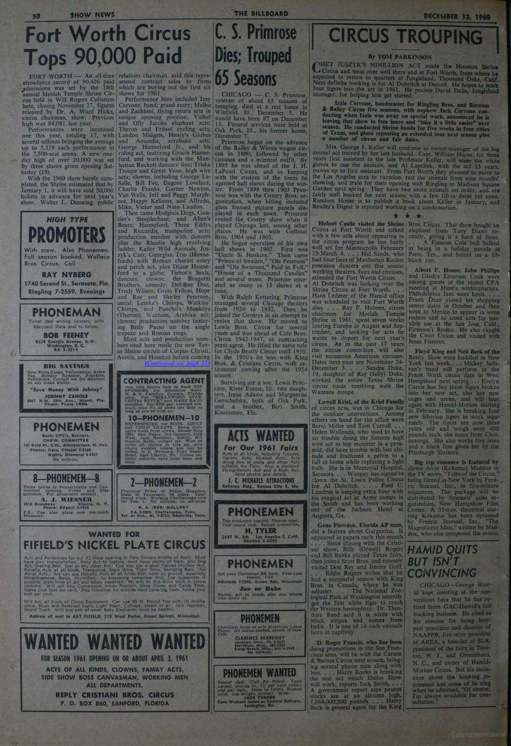 50 SHOW NEWS THE BILLBOARD DECEMBER 12. 1960 Fort Worth Circus Ca S.