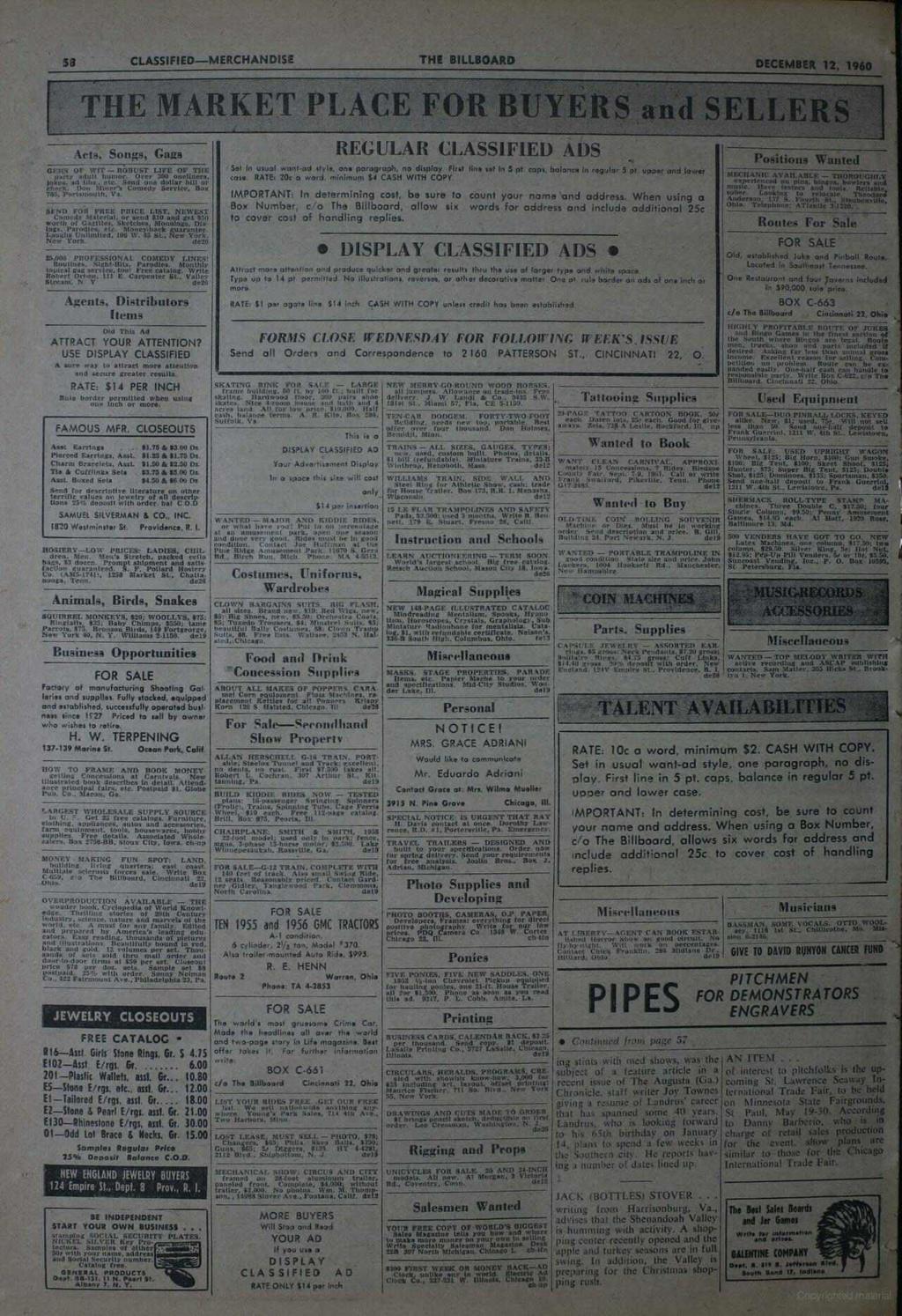 In 58 CLASSIFIED -MERCHANDISE THE BILLBOARD DECEMBER 12, 1960 THE MARKET PLACE FOR. BUYERS and SELLERS Acts, Songs, Gags t{it - ROBUST LIFE OF THE GEMS OF pncw ndull uwr. Over 300 onellnern, Send erk.