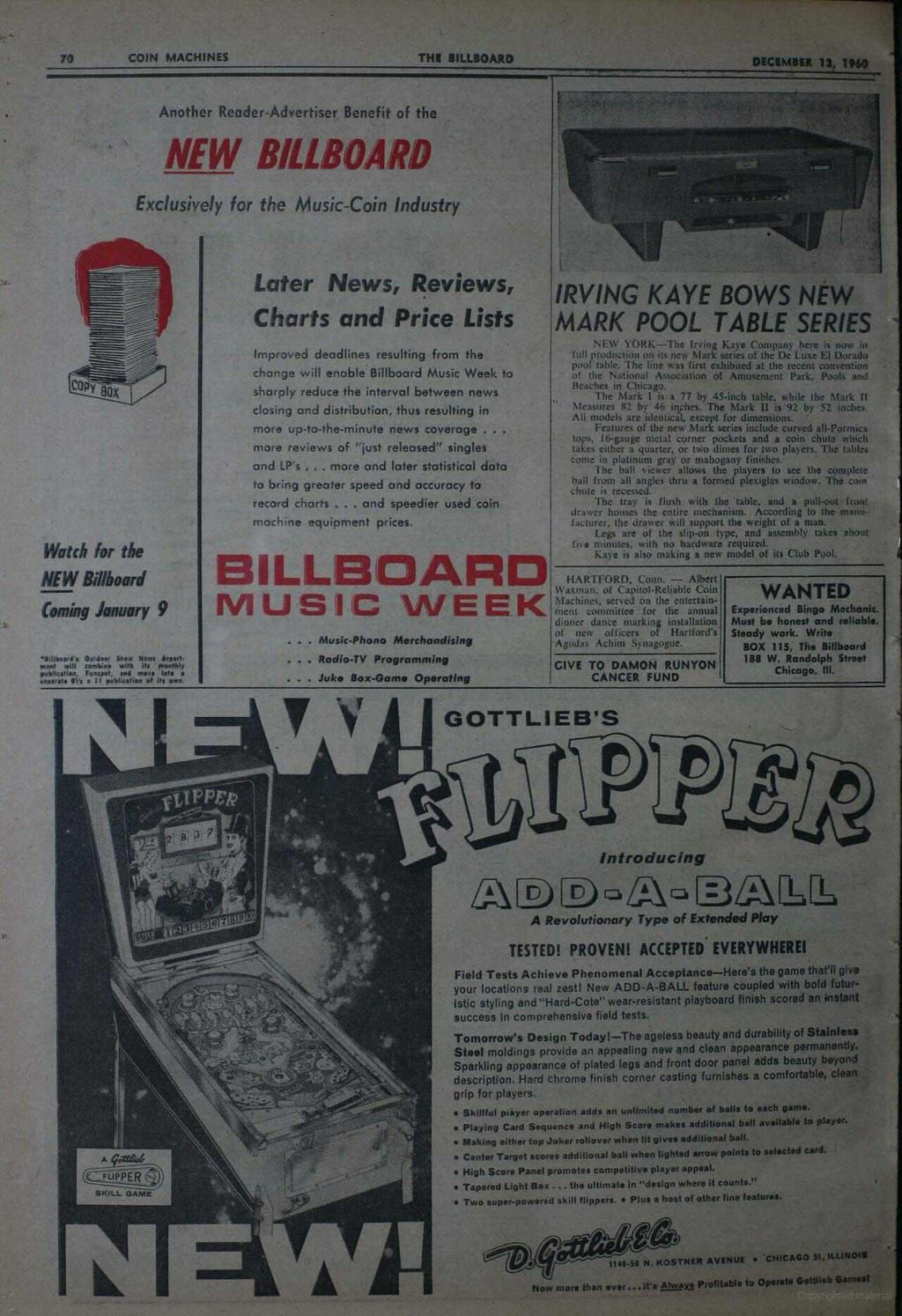 70 COIN MACHINES THI BILLBOARD DEC[MBER 12, 1960 Another Reader -Advertiser Benefit of the NEW BILLBOARD Exclusively for the Music -Coin Industry Batch for the NEW Billboard Coming January 9 'allwa.
