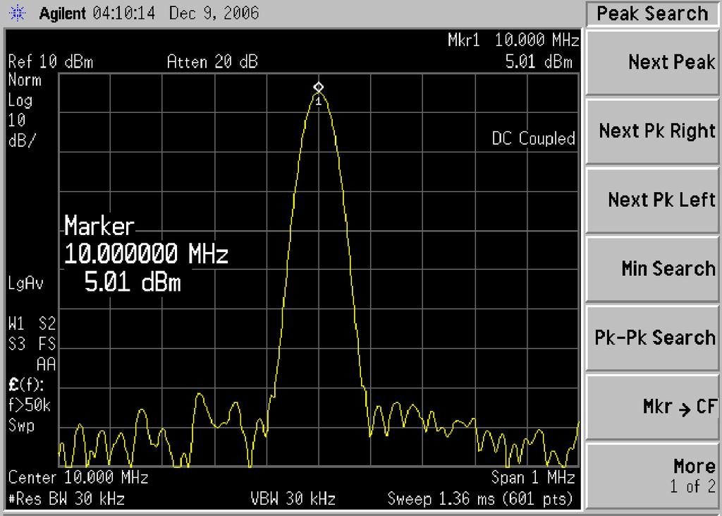 Digital IF Troubleshooting A3 Digital I.F. Troubleshooting 12.The analyzer should read 10 MHz at +5 dbm ± 3 dbm as shown in Figure 5-4. Figure 5-4 A2 Digital I.F. Reference Input If the 22.