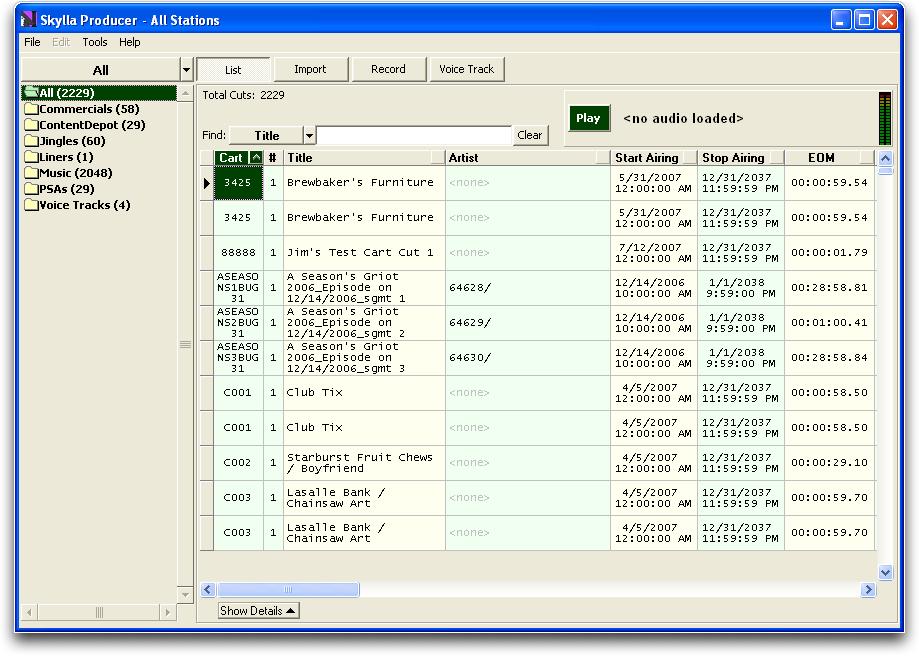 Skylla Producer Workspace When Skylla Producer is launched, it opens in List View, similar to the illustration below: Figure 1 Skylla Producer in List View The leftmost column is the Navigation Pane.