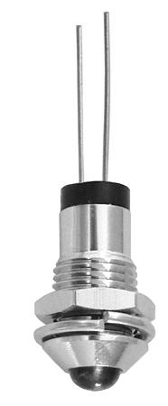 CAT# IND-13R $1.75 each 12 VDC W/ CHROME HOUSING 5mm diameter LED in 10mm diameter chrome bezel. 8mm threaded bushing with mounting hardware. Extends 34mm below mounting panel.