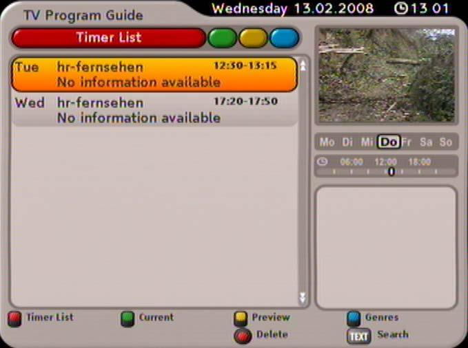 EPG (ELECTRONIC PROGRAM GUIDE) TIMER LIST VIEW The Timer list view can be opened at any time in EPG by pressing the (red) button. The timer list view shows you all the recordings that are scheduled.