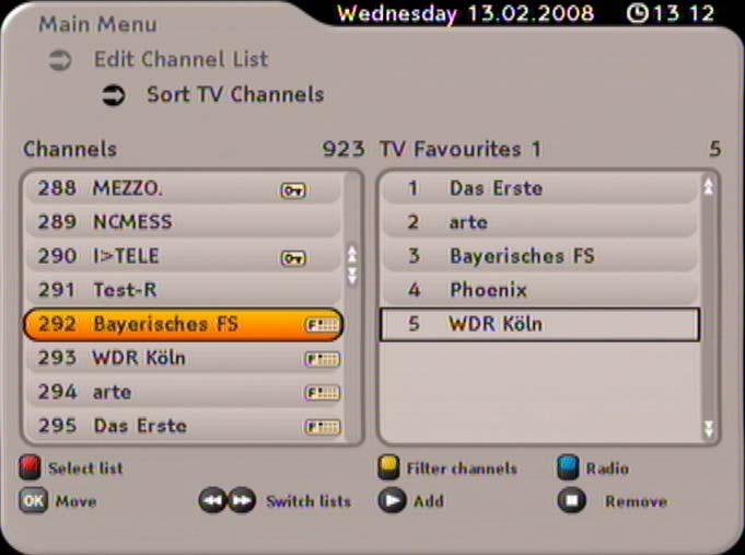 EDITING CHANNEL LIST Use the (blue) button to switch between the TV and radio channels. The change is made in the same way for TV and radio channels.