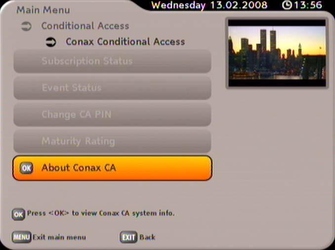 users familiar with the CI should make changes using this menu. CONAX CA - SMARTCARD READER Press the button to open the menu.