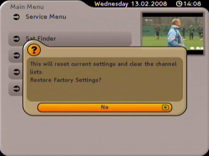 SERVICE MENU RESTORING FACTORY SETTINGS Here you can reset all the settings to the pre-programmed factory settings.