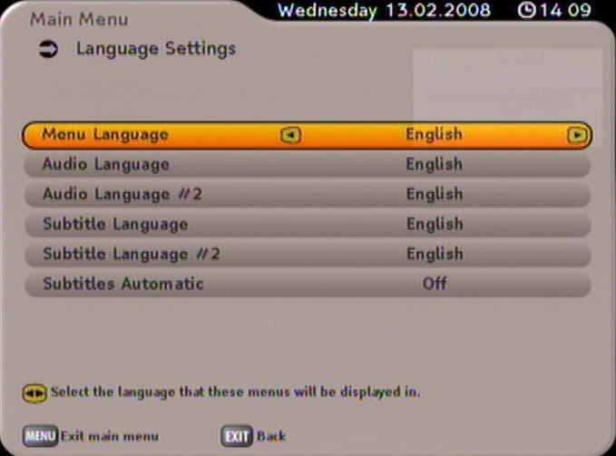 LANGUAGE Use the buttons to select the line you want to change. Use the buttons to make the changes. Menu Language: Select the required menu language.