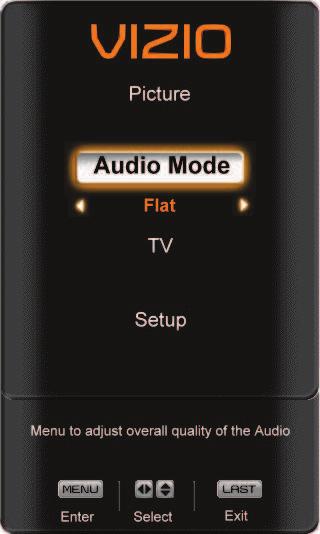 Press either or on the remote control or CH or CH on the side of the HDTV to select an Audio menu option. 5.