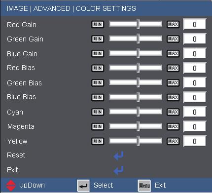 User Controls Advanced Color Setting Color Use these settings for advanced adjustment of the individual Red, Green, Blue, Cyan, Magenta and Yellow Colors.