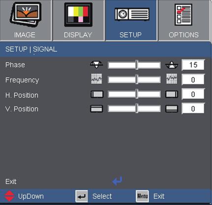 User Controls SETUP Signal Signal is only supported in Analog VGA (RGB) signal. Phase Synchronize the signal timing of the display with the graphic card.