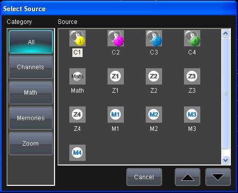 WAVESURFER XS-A AND MXS-A SERIES 4. The channel source defaults to C1. Touch inside the Source field to select a different source (a channel, a math function, a memory, or a zoom). 5.