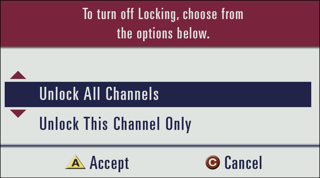 Press SELECT/OK to disable Parental Control, then $% to unlock all channels or unlock this channel only and press A to
