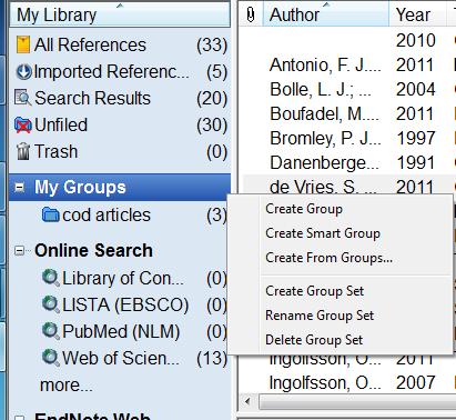 Highlight the references you want and drag them to the new group. Delete references from a group by highlighting the references, right click and choose cut.