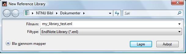 Create a library in EndNote When you open EN the first time, you will have some choices. Choose Create a new library. Give the file a name, and Save (Lagre). The file will get the extension *.