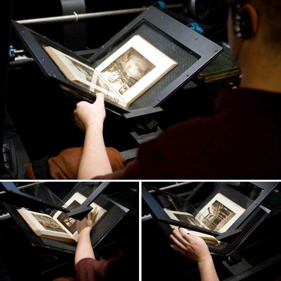 Scanning books into the Internet Archive's custom-built Scribe Station is a manual process.