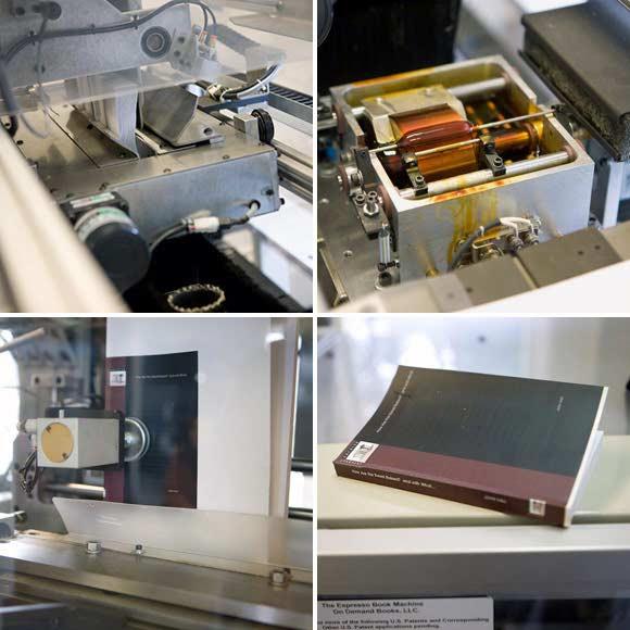 Inside the book machine, the laser-printed pages are trimmed (top left), then slathered with adhesive (top right) on what will become the book's