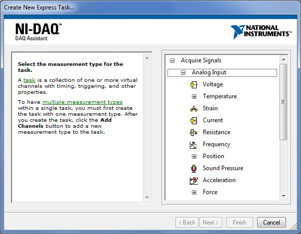 Figure 8: Create New DAQ Assistant Window 4. Select Acquire Signals>>Analog Input>>Voltage.