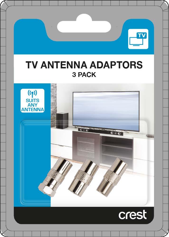 TV Antenna Adaptors - 3 Pack This Crest Antenna Adaptors pack is designed to connect antenna cables to your TV regardless of the style of wall plate and cable used 1 Nickel plated Female to Female