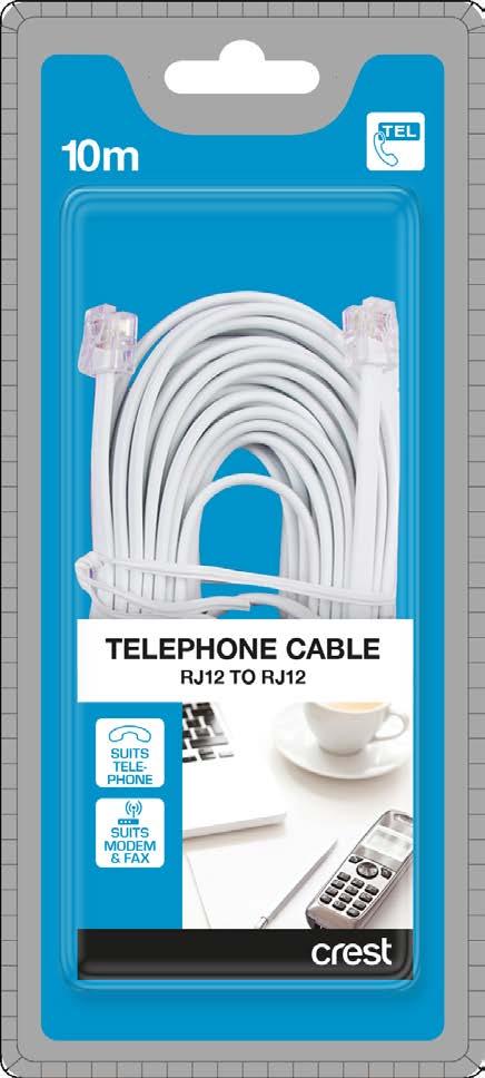Telephone, Modem & Fax Cable - RJ12 to RJ12 10m This Crest Telephone Cable is designed to be used as a modular extension