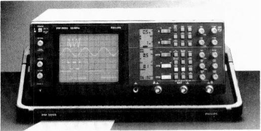 The Philips PM3055 state-of-the-art oscilloscope has a 50MHz bandwidth and an LCD panel to indicate ranges and settings.
