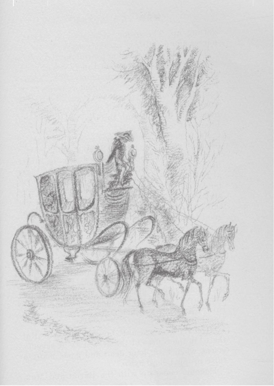 Illustration by Elaine Bonabel in Mörike, p. 119 depicting a typical trip by Mozart. The family most often rented a coach, but on occasion either purchased one or were lent a coach to use.