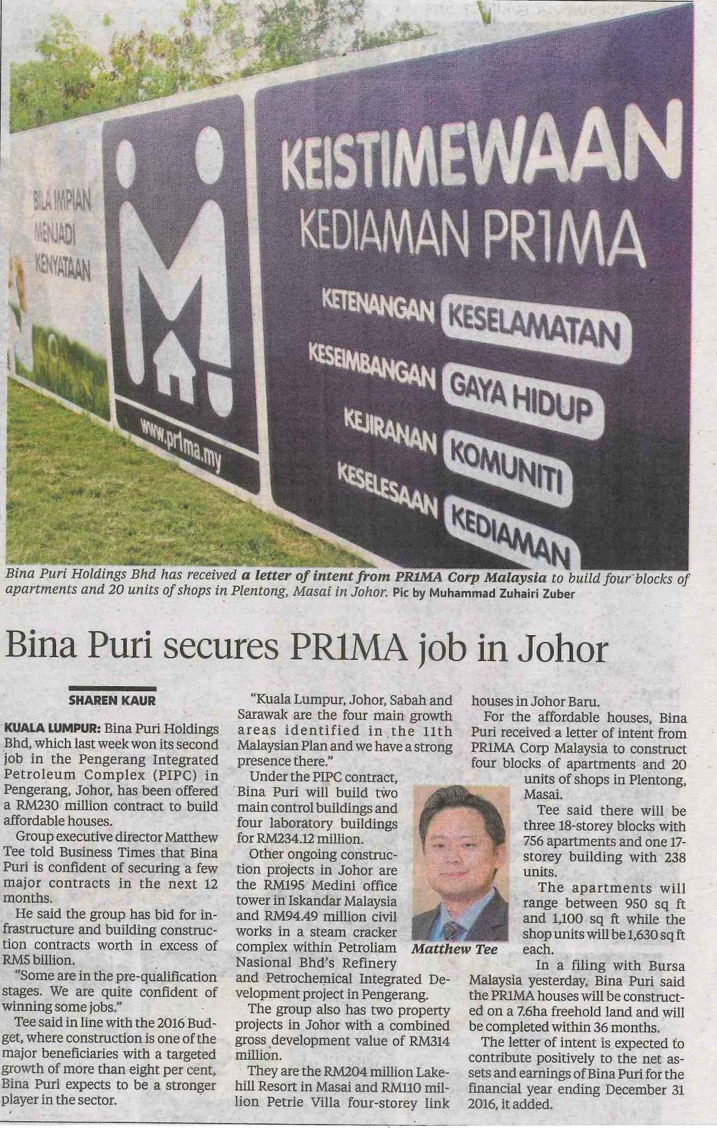 : New Straits Times Title : Bina Puri secures PR1MA