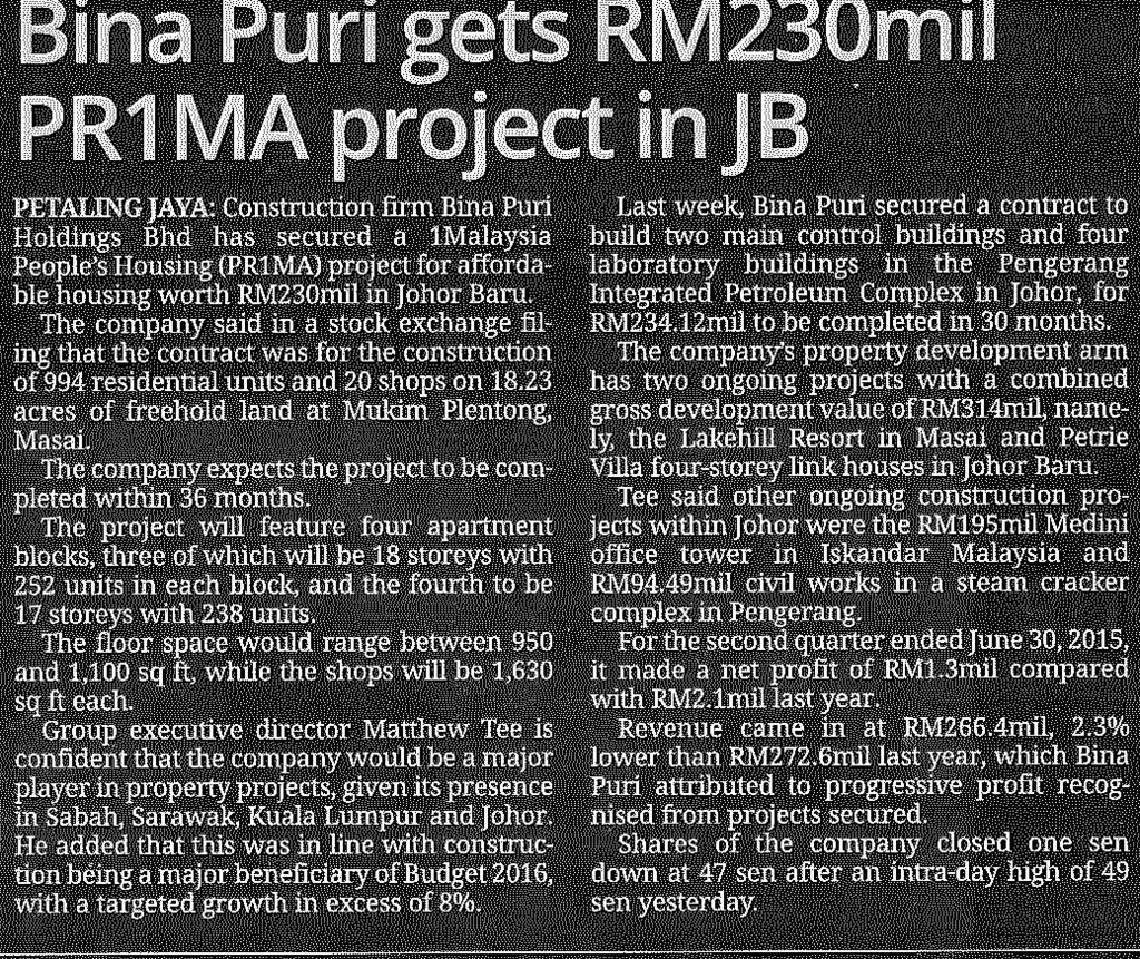 : The Star Title : Bina Puri gets RM230mil PR1MA