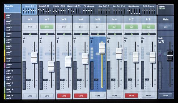 The mixer page shows eight inputs plus the Main or Aux mix.