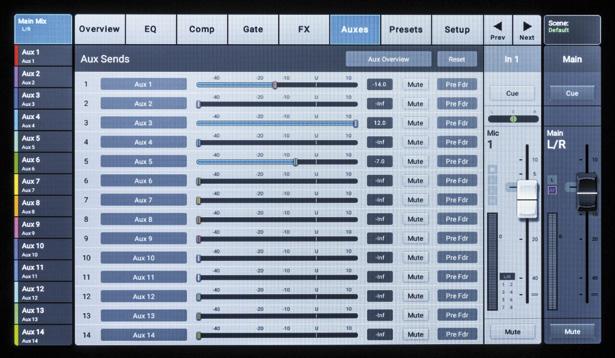 Aux Send page for Input 1, with a good overview of level settings Setup page with basic channel settings compressor offers the standard parameters like threshold, ratio, attack and release as well as