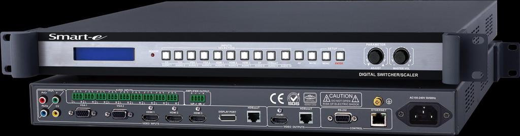 Separate analogue audio inputs and an internal power amplifier provide additional features Switch and scale 9 digital and analogue inputs to WUXGA resolutions outputting as HDMI and HDBaseT with