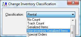 Set the default Classification for the rental equipment folder as Non-inventory Serialized Items.