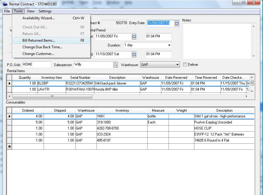 Rental Contracts The sales order can be viewed directly from the billing step. Select Bill Returned Items from the Tools menu of the rental contact or press F8 to create the sales invoice.