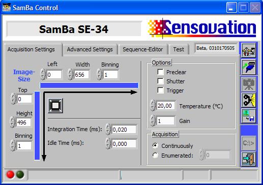 Starting the SamBa SE-34 Image Acquisition SamBa Control demo program can be used to communicate with the SamBa SE-34, to set the exposure time, and for starting and stopping the image acquisition.