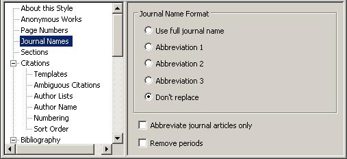 EndNote ships with several predefined tab-delimited files containing full names and standardized abbreviations, including those for the humanities, chemistry, law, the biosciences, and medicine.