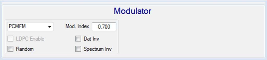 Modulator Lets the user select from the following modes: PCM/FM SOQPSK MhCPM BPSK QPSK Carrier OQPSK LDPC is available in