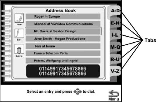 Making a Call From the Address Book Pick up the remote. A screen similar to this will appear: Use the directional keys to place the yellow highlight box around the Address Book and press Enter.