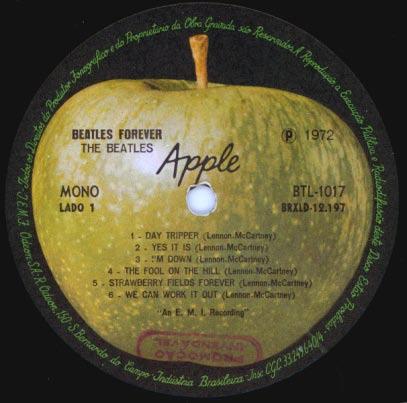 Apple Label (With Cursive Print) In 1968, the Beatles switched to the Apple label. The albums on Odeon did not switch to Apple in Brazil but remained on Odeon -- see above.