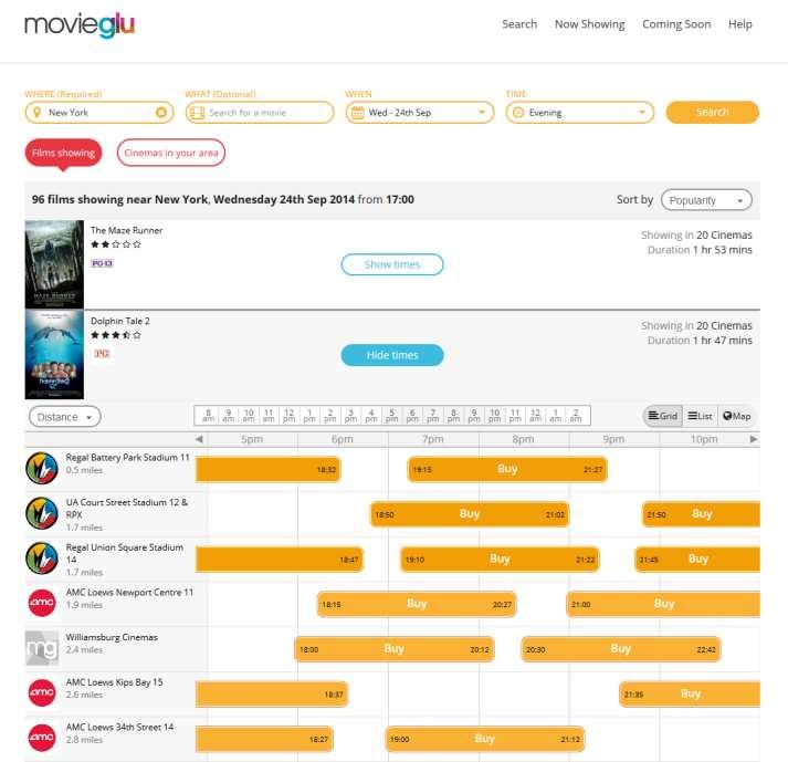 Instead of showing long lists of movies and times for each cinema, MovieGlu is different because we display our search results using this more visual method.