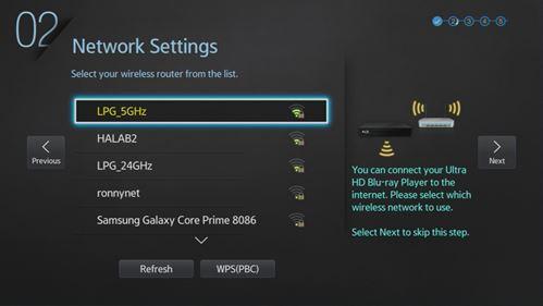 2. The Netwrk Settings appear. Yur Ultra HD Blu-ray player will search fr available netwrks in the area and display a list.