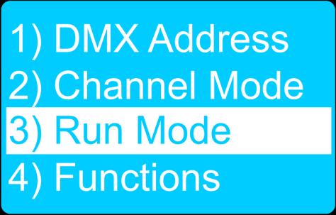 3. Run Mode 01) When in main menu, turn the MENU control (03) until the display shows: 02) Press the MENU control (03) to enter the menu.