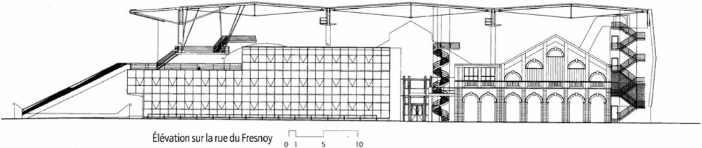 Fig.7. East elevation: the contrast juxtaposition of the old and the new Fig.8. Section: the in-between space as a series of platforms hanging in the air Fig.9.