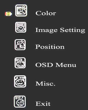 Basic OSD setup 1. OSD setup under VGA input mode 10 Main Menu Color Pressing MENU will pull up the On Screen Display (OSD) menu 1.