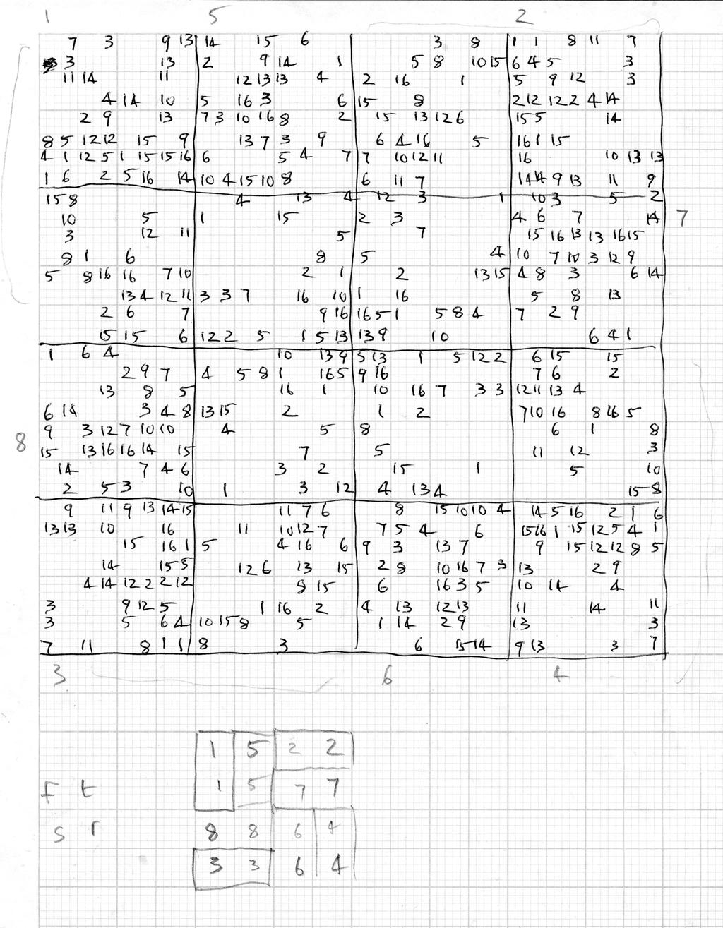Ex. 1: Superimposed sudoku grids The group of sixteen squares have been sub-divided into eight pairs, as shown by the small diagram towards the bottom of the page.