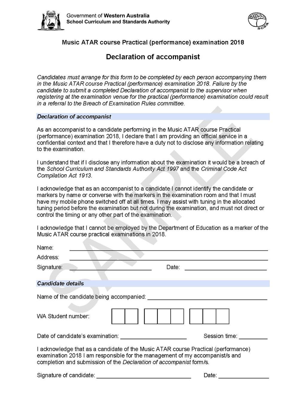 Appendix 3: Declaration of accompanist Music ATAR course Practical