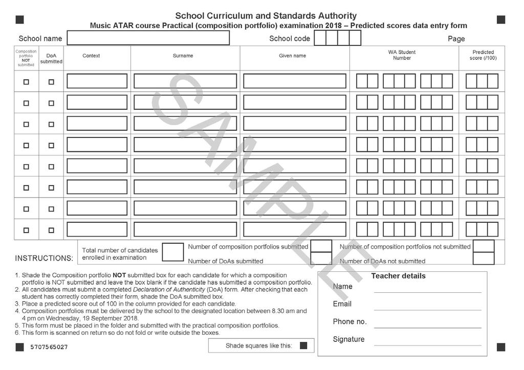 Appendix 6: Music Practical (composition portfolio) examination Predicted scores data entry form