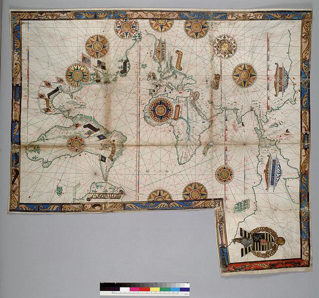 World chart, which includes America and a large Terra Java (Australia?). The chart was originally folded and bound into front of the accompanying volume by an extension which bears a coat of arms.