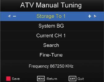 DTV Channel Tuning 482MHz Data 0 To search analogue channel by entering parameters